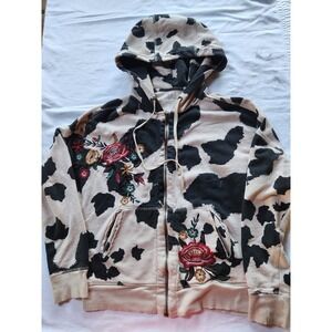 Caite Handmade with Heart and Soul cow print Full-Zip embroidered hoodie, Size L